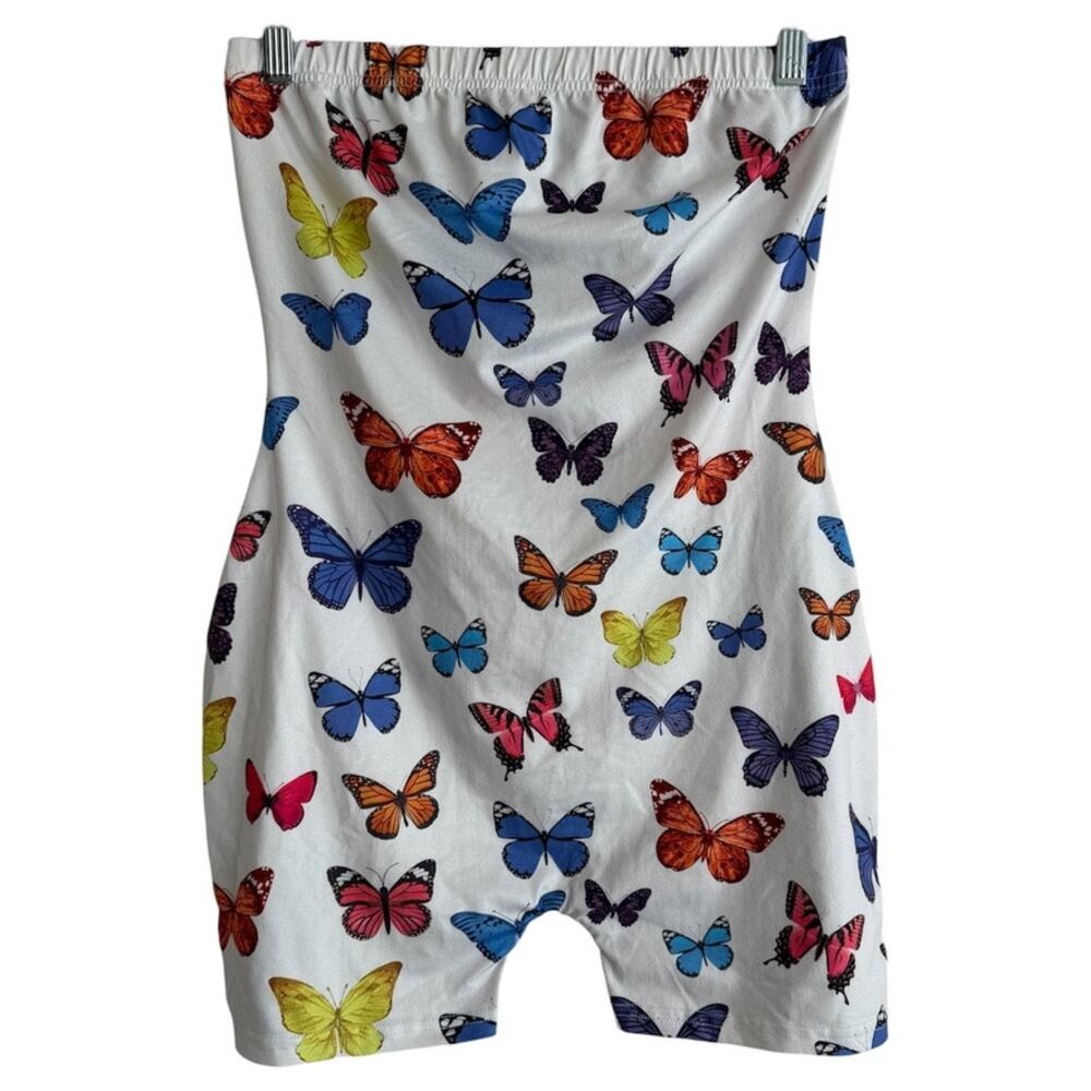 SHEIN Butterfly Print Strapless Tube Romper White Multi Jumpsuit Shorts Size Med